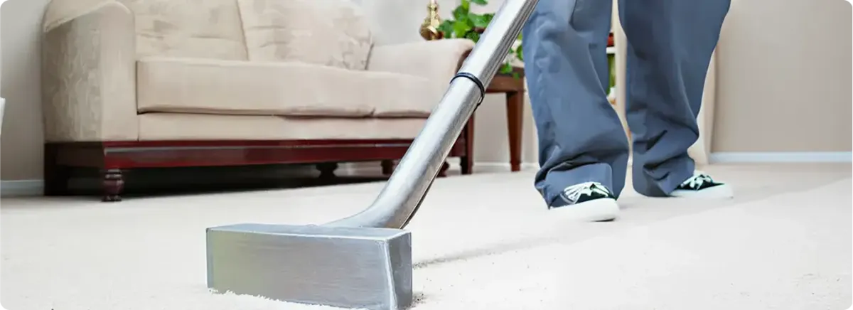 Carpet cleaning technician using a hot-water extraction wand on a light-colored carpet in a living room, Fresno, CA.